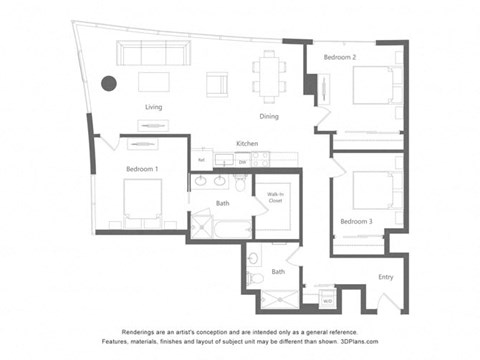 the floor plan of the apartment with furniture and a large kitchen